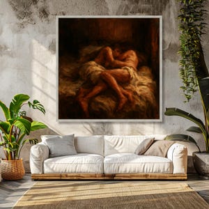 Intimate Embrace Canvas, Romantic Couple Wall Art, Sensual Bedroom Decor, Warm Toned Canvas Cozy Love Scene, Artistic Home Decoration image 4