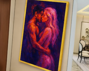 Passionate Embrace Canvas, Romantic Couple Wall Art, Intimate Love Modern Expressionist Canvas, Sensual Home Decor