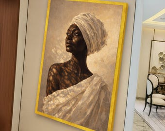 Elegante Frau Porträt Leinwand, Afrikanische Schönheit Wandkunst, Ethnische Headwrap Decor, Warmes Licht und Schatten Leinwand, Raffinierte Weibliche Figur