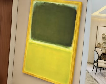 May include: Abstract painting with a gold frame. The artwork features a dark green upper section and a yellow lower section, separated by a horizontal line. The frame has a gold finish, adding a touch of elegance to the piece.