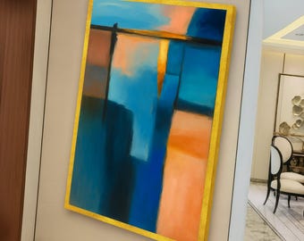 Lienzo con composición abstracta en azul y naranja, arte mural geométrico moderno, decoración contemporánea en lienzo con bloques de color, lámina artística para el hogar.