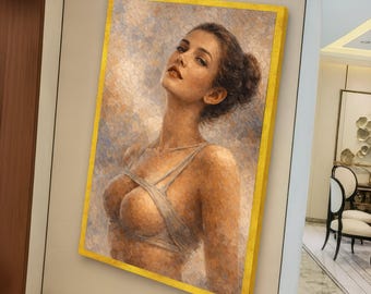 Elegante Frau Porträt Leinwand, Weiche, warme Töne Wandkunst, weibliche Schönheit Leinwand, moderne Figur Dekor, Schlafzimmer Wanddekoration