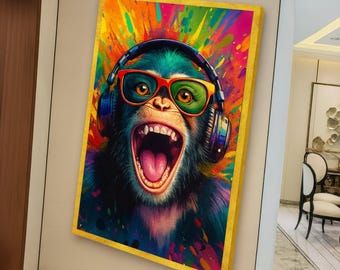 Vibrant Monkey Portrait Canvas, Colorful Pop Art Wall Decor, Funky Animal Canvas, Sunglasses and Headphones, Urban Contemporary Art Print