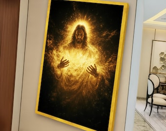 Glowing Jesus Christ Canvas Wall Art, Spiritual Religious Home Decor, Radiant Divine Light Inspirational Christian Canvas Design