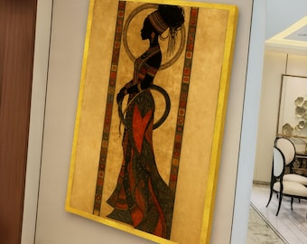 Elegant African Woman Silhouette Canvas, Ethnic Wall Art, Tribal Decor, Warm Earth Tone Illustration, Cultural Canvas