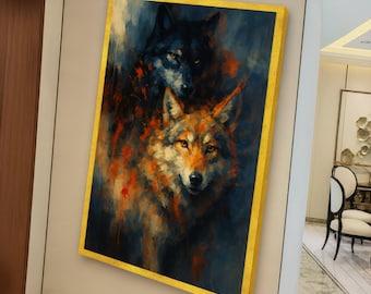 Majestic Wolves Canvas Wall Art, Dual Wolf Portrait Abstract Wildlife Canvas, Rustic Home Decor, Animal Spirit Wall Art