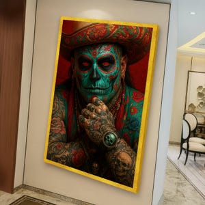 May include: A framed canvas art print featuring a detailed portrait of a person with elaborate Day of the Dead-style face paint and tattoos. The artwork showcases vibrant colors, including teal, red, and gold, with a focus on intricate floral and skull motifs.