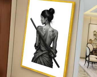 Samurai Woman Back Portrait Canvas Print, Japanese Warrior Wall Art, Minimalist Tattoo Figure Poster, Modern Zen Decor Artwork