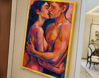 Intimate Embrace Canvas Wall Art, Romantic Couple Colorful Expressionist Love Art, Sensual Home Decor, Modern Canvas Art
