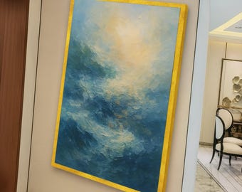Abstract Ocean Sky Canvas Wall Art, Blue and Gold Contemporary Coastal Decor, Seascape Canvas, Modern Wall Hanging