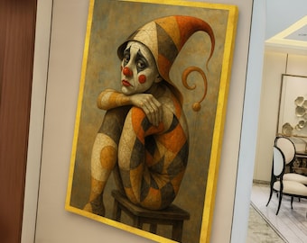 E3ピエロの肖像画 ピエロの肖像画、感情表現キャンバスアート、ヴィンテージ風内省的な壁