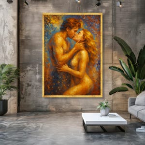 Lienzo de abrazo romántico, arte mural de pareja apasionada, decoración sensual para el hogar, arte abstracto de amor. imagen 2