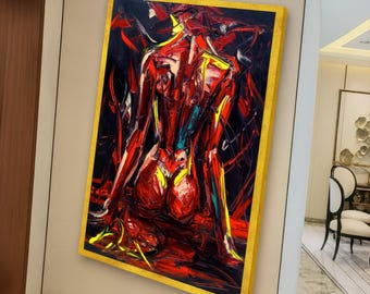 Lienzo abstracto con figura humana roja, arte mural expresionista audaz, decoración figurativa moderna, arte vibrante para el hogar.