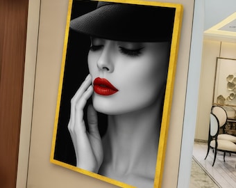 Elegant Woman Portrait Canvas, Black and White Wall Art, Red Lips Face Close-up, Fashion Photography Canvas, Modern Home Decoration