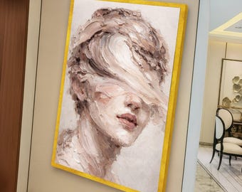 Abstraktes weibliches Porträt Leinwand, zeitgenössische Wandkunst, modernes Gesicht Dekor, neutrale Töne Leinwand, künstlerische Dekoration