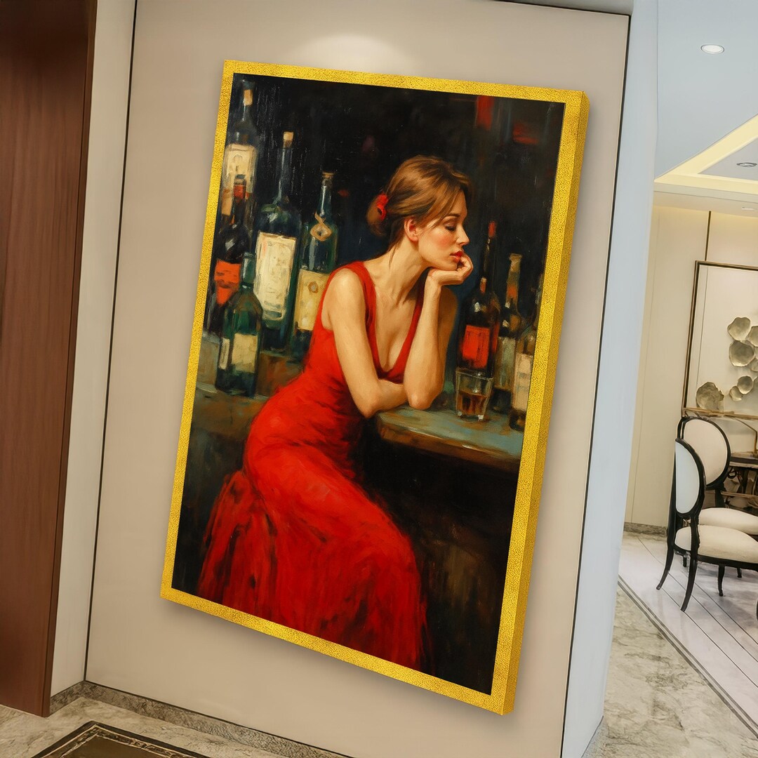 Elegant Woman in Red Dress Canvas, Vintage Bar Scene Wall Art, Romantic ...