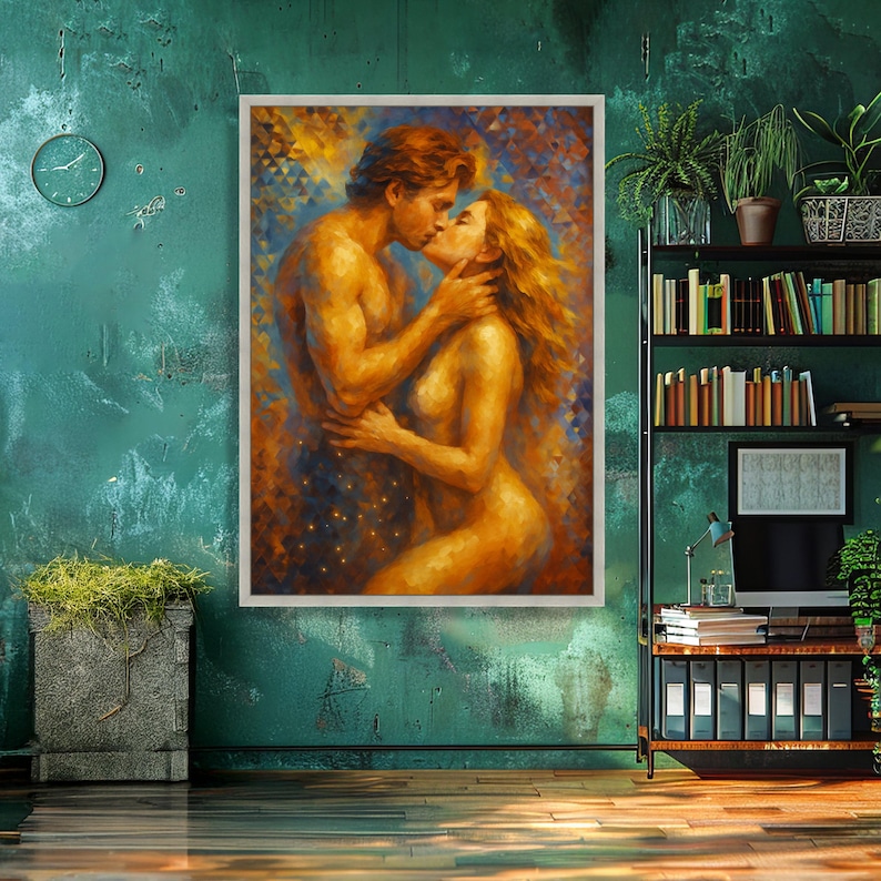 Lienzo de abrazo romántico, arte mural de pareja apasionada, decoración sensual para el hogar, arte abstracto de amor. imagen 4