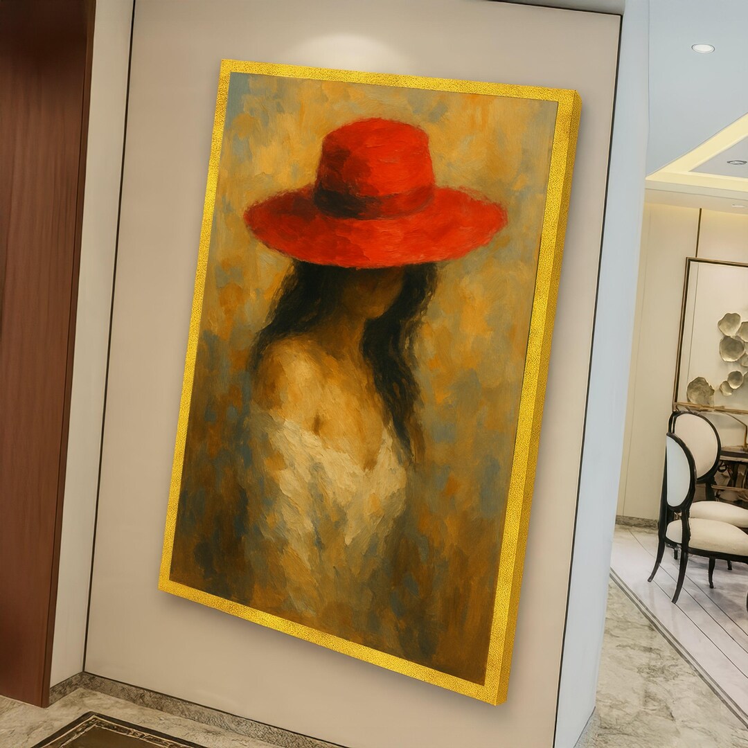 Elegant Woman With Red Hat Canvas Wall Art, Impressionist Female ...