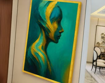 Abstract Female Silhouette, Modern Art Canvas, Blue and Gold Wall Art, Contemporary Portrait Canvas Decor, Home Decoration