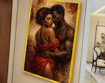 Romantische Umarmung Leinwand Wandkunst, sinnliches Paar Porträt, roter drapierter Stoff, intime Liebesszene, afroamerikanischer Kunstdruck, Zuhause