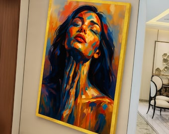 Ausdrucksstarke Frau Porträt Leinwand, bunte abstrakte Gesichtskunst, emotionale Wandkunst, moderne Wohnkultur Leinwand, Statement Kunstwerk