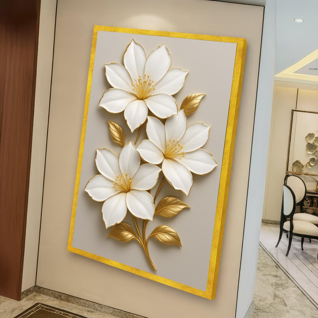 Elegant White and Gold Floral Canvas Wall Art, Luxury Botanical Decor ...