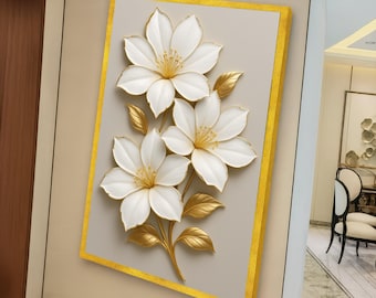 Elegant White and Gold Floral Canvas Wall Art, Luxury Botanical Decor, Modern Flower Design, Home Accent Ready to Hang