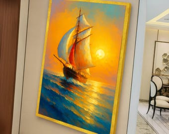 Sailing Ship at Sunset Canvas, Ocean Seascape Wall Art, Nautical Home Decor, Maritime Canvas Vibrant Sunset Sea Art