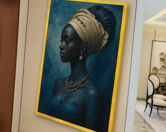Elegant African Woman Portrait Canvas, Blue and Gold Wall Art, Ethnic Home Decor, Headwrap and Jewelry Modern Canvas Wall Art