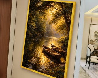 Goldene Stunde Fluss Szene, Holzboote Leinwand, ruhige Wasserlandschaft, Naturreflexion Wandkunst, Waldfluss Leinwand Dekor, fertig zum Aufhängen