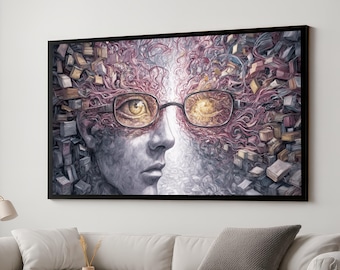Surreal Mind Expansion Canvas Wall Art, Abstract Human Face Conceptual Art with Glasses, Creative Wall Decor for Home Office
