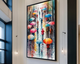 Colorful Umbrella Walk, Rainy City Street Canvas, Urban Scene Wall Art, Reflection Watercolor Modern Home Decoration