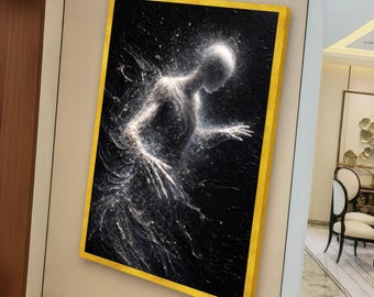 Ätherische kosmische Figur Leinwand, abstrakte Galaxie Wandkunst, himmlische menschliche Silhouette, Weltraum Leinwand, mystische moderne Wohnkultur