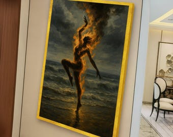 Fiery Dance Silhouette Canvas, Flaming Figure Wall Art, Dramatic Ocean Scene, Dark Moody Canvas, Bold Home Decoration