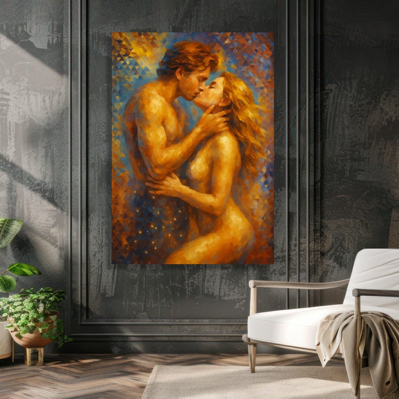 Lienzo de abrazo romántico, arte mural de pareja apasionada, decoración sensual para el hogar, arte abstracto de amor. imagen 6