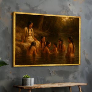 May include: A framed painting depicts a group of people in a river. The artwork features a woman in a white dress sitting on a rock, with others in the water. The painting has a warm color palette, with a gold frame.