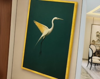 Elegant White Egret Canvas Wall Art, Minimalist Bird Illustration, Home Decor, Modern Wildlife Canvas, Ready to Hang Artwork