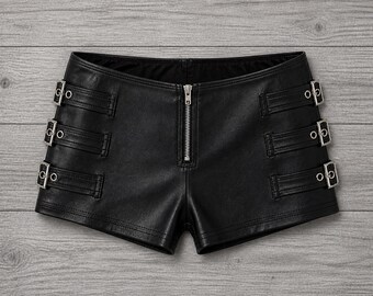 Pantalones cortos negros de piel sintética con hebilla, estilo gótico punk, ideales para discotecas, festivales rave y con cremallera.