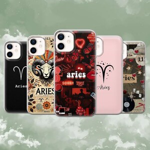 Puede incluir: Cinco fundas para teléfono con diseños del signo zodiacal Aries. Las fundas muestran varios gráficos, incluyendo un carnero, texto y collages en negro, rojo y rosa. Cada funda tiene la palabra "Aries" impresa.