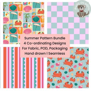 May include: A collection of four seamless summer patterns. Designs include crabs, seashells, ice cream, and beach umbrellas. The patterns are in shades of teal, pink, orange, and white. Text reads "Summer Pattern Bundle" and "Hand drawn I Seamless".