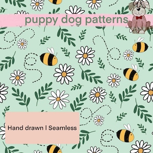 Op de afbeelding: Een naadloos patroon met madeliefjes, bijen en bladeren op een lichtgroene achtergrond. Het ontwerp bevat de tekst "puppy dog patterns" en "Hand drawn | Seamless". De bijen hebben zwart-gele strepen.
