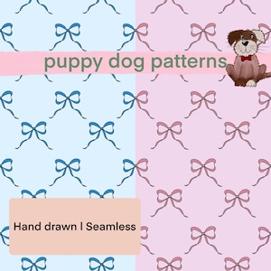 Puede incluir: Patrones sin costuras con lazos azules y rosas sobre fondos azul claro y rosa. El texto "puppy dog patterns" se muestra en una pancarta rosa. También se muestra un cachorro marrón con pajarita roja.