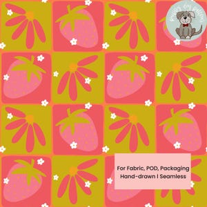 May include: Seamless pattern featuring pink strawberries and flowers on a square grid. The design includes white star-shaped accents and is set against a background of red and yellow-green squares. Text reads: For Fabric, POD, Packaging Hand-drawn I Seamless.