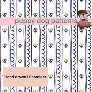 May include: A seamless pattern with vertical stripes in blue, burgundy, and white, adorned with floral and wavy elements. The text "puppy dog patterns" and "Hand drawn | Seamless" are displayed on the image. A cartoon dog is also present.