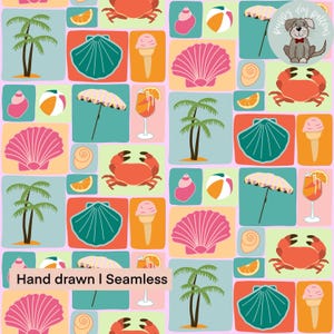 Naadloos strandpatroon voor stof | Zomerkust patchwork met palmboom, schelpen, krab en cocktail digitaal papier
