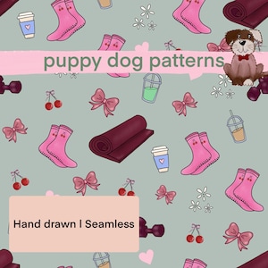 May include: Seamless pattern with hand-drawn illustrations of pink socks with cherries, bows, coffee cups, dumbbells, and a rolled-up maroon yoga mat. The text "puppy dog patterns" is displayed across the image.