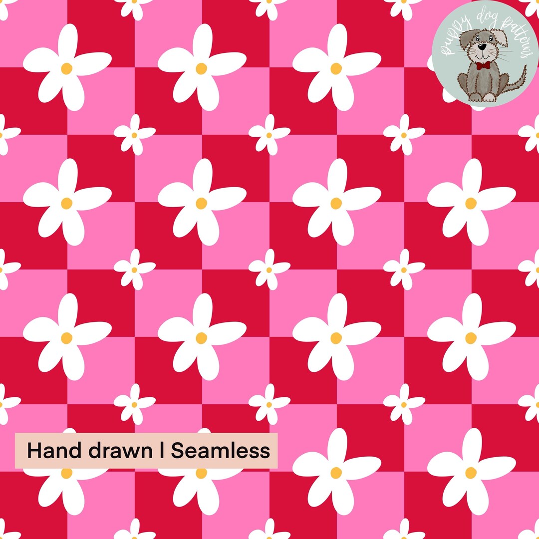 Pink Daisy Checkerboard Seamless Pattern | Retro Floral Print | Bold ...