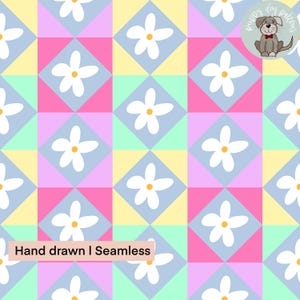 Pastel Geometric Daisy Seamless Pattern | Retro Tile Floral | Soft Color Block Print | Cute Spring Pattern | Fabric Surface Pattern Design