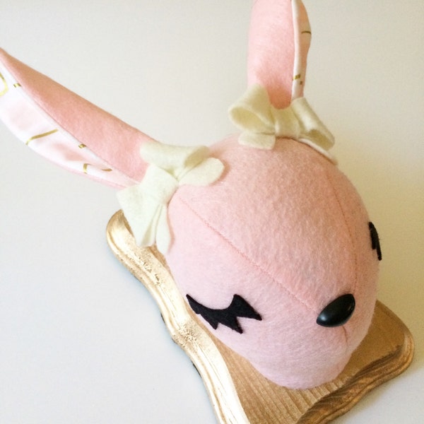 Mounted Felt Plush Bunny/Rabbit Head - Pink & Gold Plaque