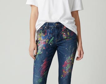 Hand-Painted Paint Splattered Jeans- One-of-a-kind by OKM Designs, repurposed, women’s gift, her-gift, statement denim, wearable art denim.
